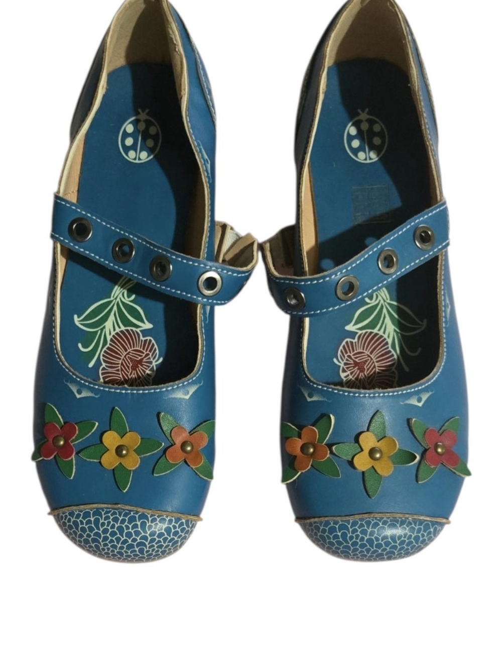Blue Floral Mary Jane Flats Floral Embellished Retro EU 40